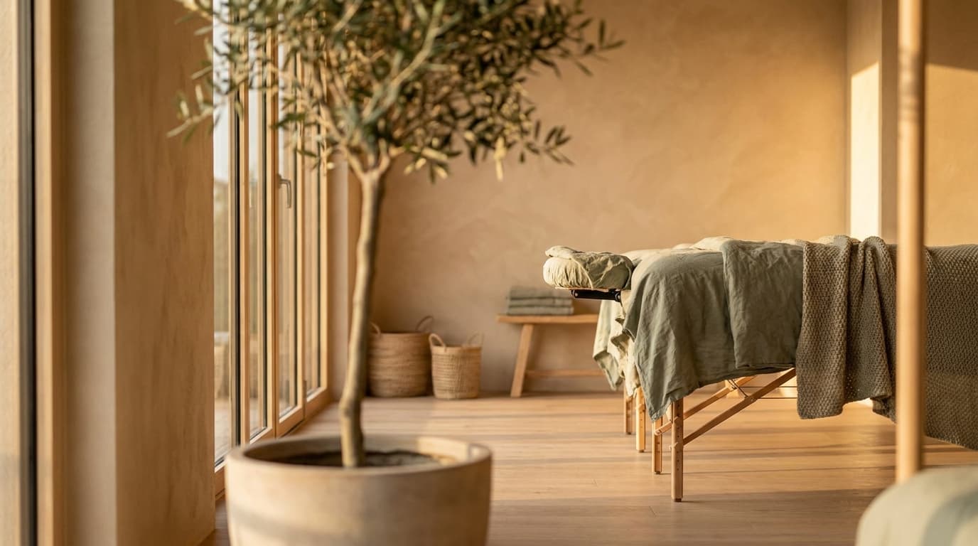 Minimalistický interiér wellness studia s olivovníkem a masážním lehátkem v teplém světle