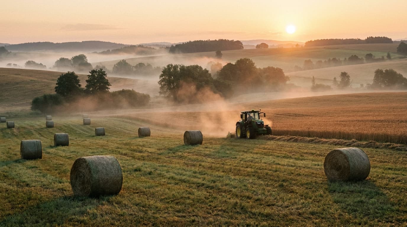 Česká venkovská krajina za soumraku se zeleným traktorem a balíky sena