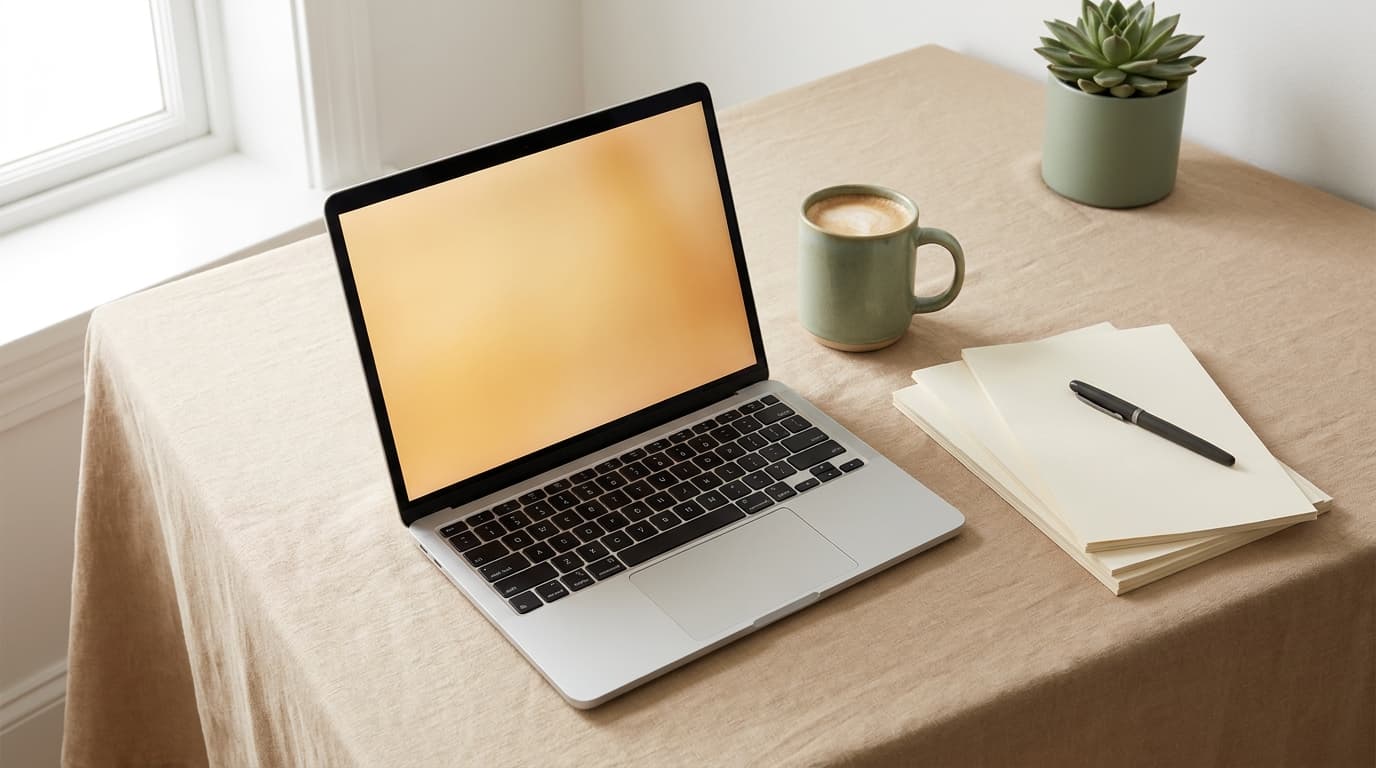 Minimalistický domácí pracovní stůl s notebookem, šalvějovým hrnkem a sukulentem