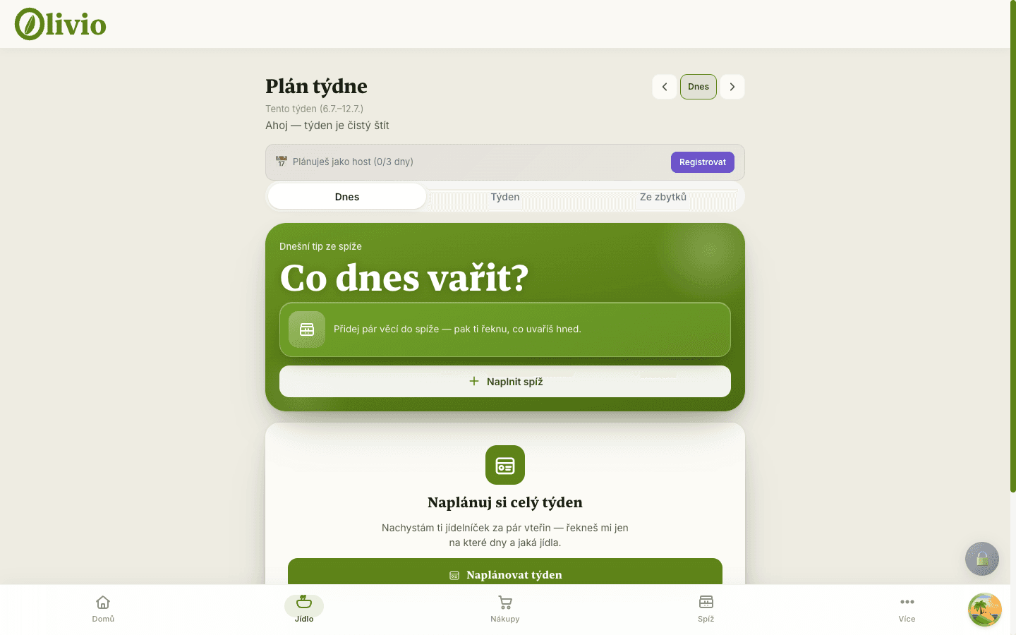 Olivio — plán týdne s denním přehledem jídel