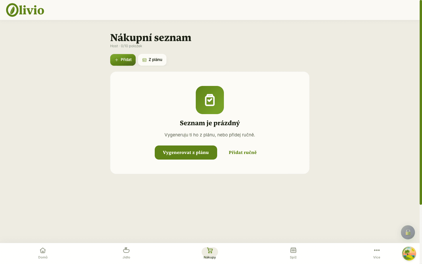 Olivio — nákupní seznam generovaný z jídelníčku