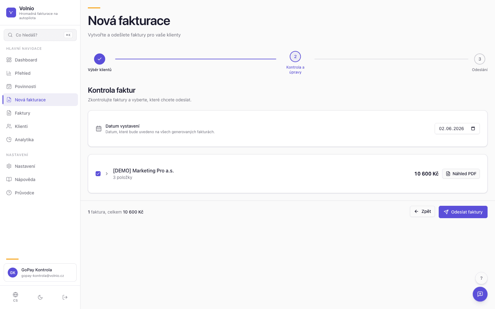 Volnio — kontrola faktur před hromadným odesláním