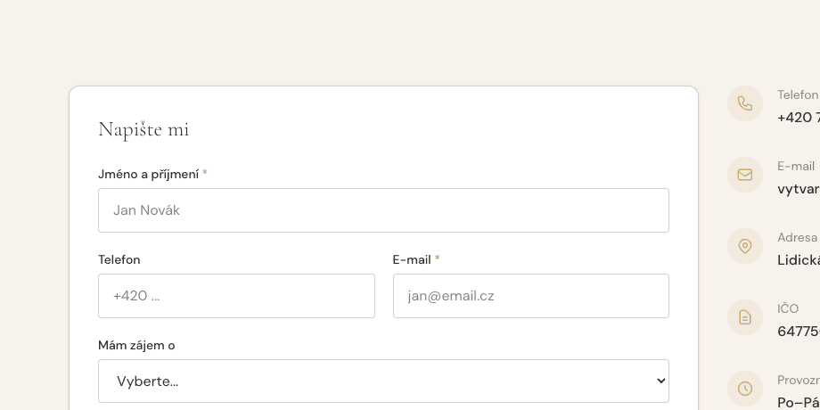 Nový web: kontaktní formulář s poli jméno, telefon, e-mail a zpráva
